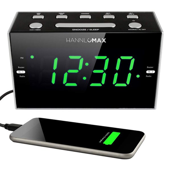 HANNLOMAX HX-122CR Alarm Clock Radio, PLL FM Radio, Dual Alarm, 1.2 inches Green LED Display, USB Port for 1A Charging, AC Power Operation only.