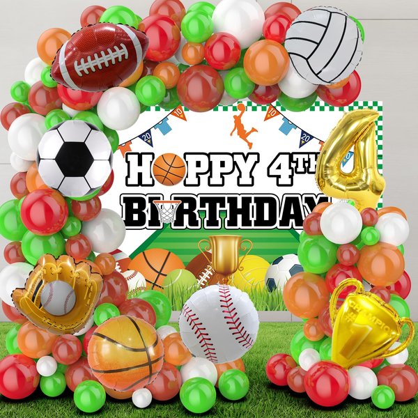95Pcs Sports Balloon Garland Kit, Baseball Basketball Soccer Volleyball Football Balloons Sports Foil Balloons with Sports Backdrop for Sports 4th Birthday Party Supplies Decoration (4th)