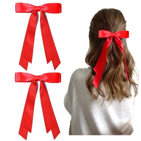 Ayesha Red Hair Bows Clips Red Satin Ribbon Bows with Long Tail Christmas Hair Bows Barrettes Hair Accessories for Women Girls 2pcs red bows