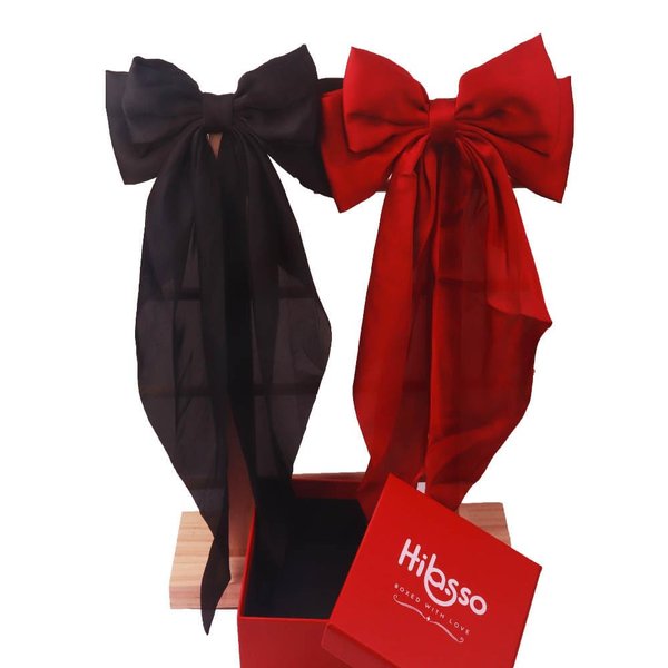 Hibasso 2-Piece Silky Satin Hair Bows Set for Women, Girls with Long Tails and Metal Clips – Aesthetic bow hair clip, Stylish Hair Accessories (Maroon & Black)