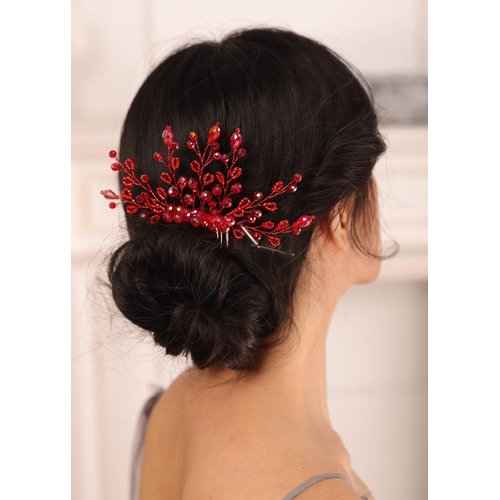 Kercisbeauty Red Crystal Hair Comb for Women Wedding Bridal Hair Piece Boho Hair Accessories for Prom Party