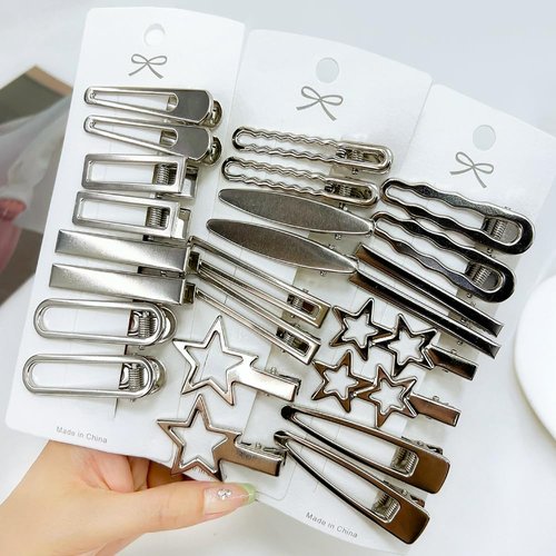 24pcs Silver Hair Clips for Women, 12 Pairs Metal Hair Clips Bangs Hair Clip Hair Pins Y2k Hair Accessories for Girls Alligator Clips for Hair Styling Star Hairclips Cool Hair Barrettes Hairclip Set