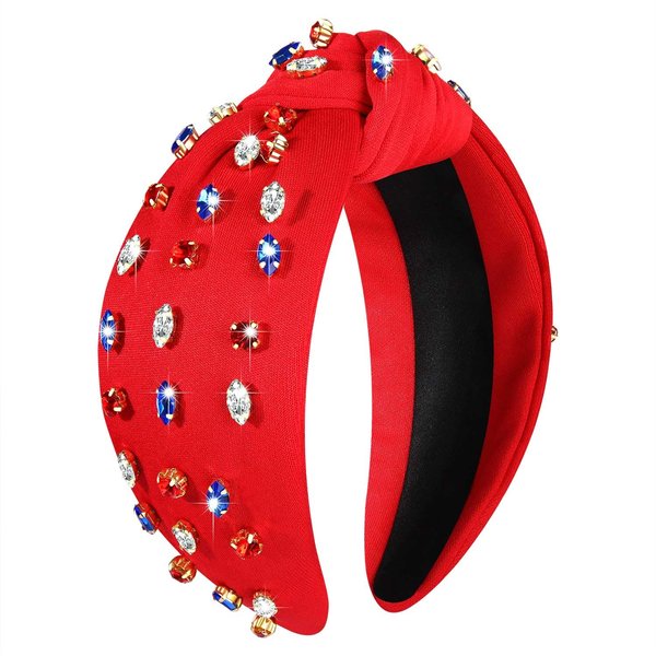 mokkia 4th of July Headband for Women American Flag Star Knotted Headbands Red White and Blue Rhinestone Crystal Top Knot Headbands Patriotic 4th of July Accessories Party Favors (Red 1)