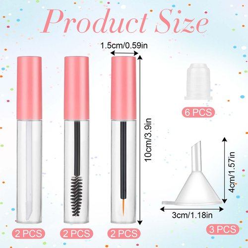 Giantree 6 Pack 10ml Empty Mascara Tube with Brush Wand, Clear Mascara Tube, Refillable Eyelash Cream Container DIY Cosmetics Bottle, Empty Eyeliner Tube and Empty Lip Gloss Tubes with Funnel(Pink)