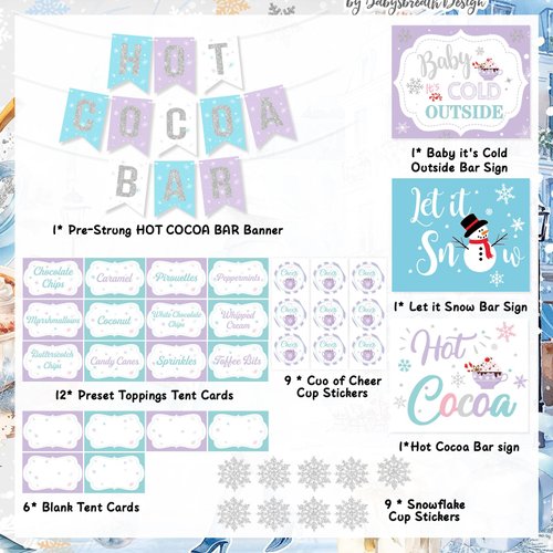 Hot Chocolate Bar Kit, Christmas Hot Cocoa Bar Supplies, Hot Cocoa Bar Banner Sign Labels Snowflake Cup Stickers for Winter Wonderland Birthday Baby Its Cold Outside Baby Shower Party Decorations
