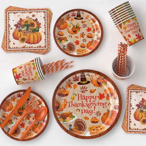 Thanksgiving Party Decorations，Happy Thanksgiving Plates and Cups Napkins,Thanksgiving Party Decorations supplies, Happy Thanksgiving Banner Decorations party supplies (happy thanksgiving Plates Cups)