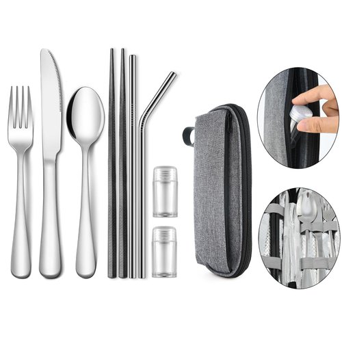 IFERRENS Travel Utensils Set with Splash-poof Bag, Portable Cutlery for Work, Reusable Camping Silverware Utensil, 18/0 Stainless Steel Flatware for Adult Lunch Picnic Hiking EDC Gadgets Lunch Box