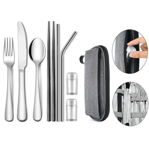 IFERRENS Travel Utensils Set with Splash-poof Bag, Portable Cutlery for Work, Reusable Camping Silverware Utensil, 18/0 Stainless Steel Flatware for Adult Lunch Picnic Hiking EDC Gadgets Lunch Box