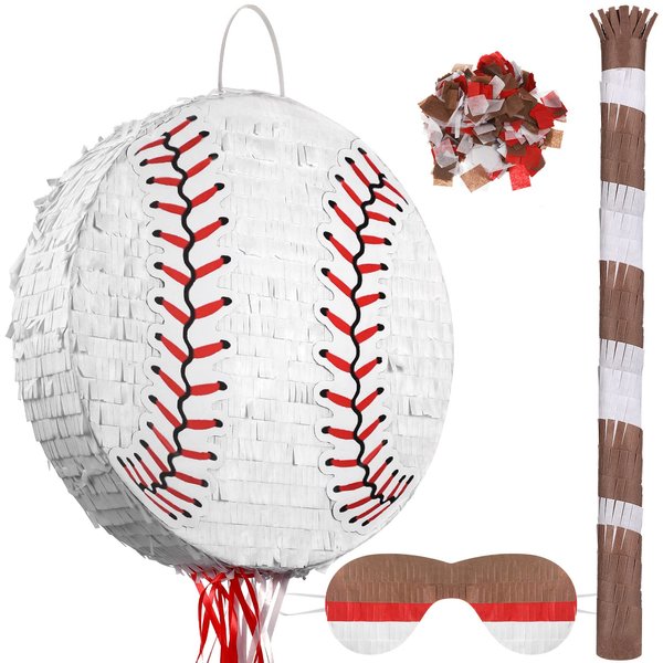 Baseball Piñata with Blindfold Bat for Birthday Party Softball Paper Piñata Sports Balls Confetti Baseball Birthday Party Supplies for Birthday Party Decorations 13.19 x 13.19 x 3 Inch(Simple)