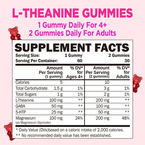 ZA'ZA K ORGANICS L-Theanine 200mg Gummy, L Theanine Supplement Gummies with GABA, 5-HTP & Magnesium Glycinate for Adults and Kids, Stress & Focus Support, Vegan Peach Flavor, 60 Chewable