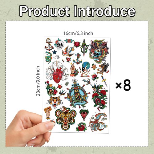 8 Sheets Classic Temporary Tattoos - American Retro Tattoos Small Tattoos Old School Vintage Fake Tattoo American Traditional Waterproof Realistic Tattoos for Adults