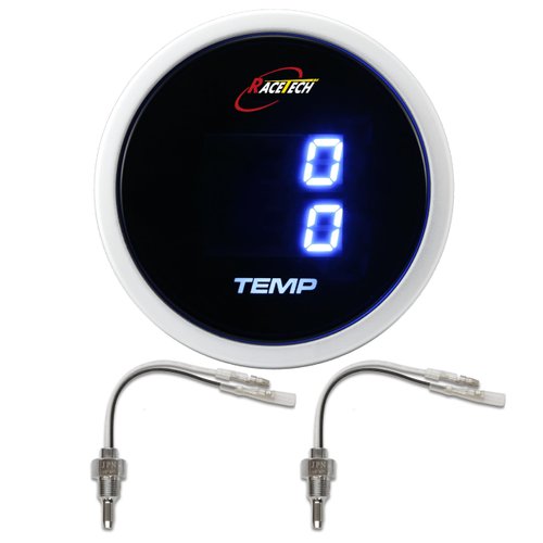 RACETECH Electrical Dual Temperature Gauge – Water & Oil/Coolant Temp – Digital Blue LED 52mm 2-1/16" Fahrenheit Display – Includes Two 1/8 NPT Thread for Car Use