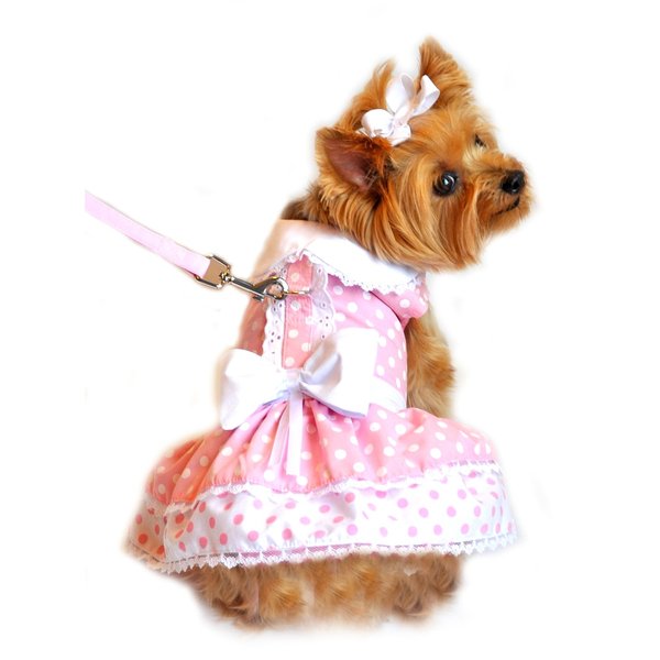 DOGGIE DESIGN Pink Polka Dot and Lace Dog Harness Dress Set (Small)