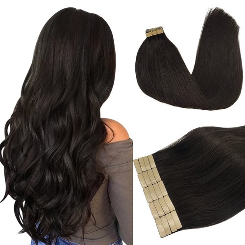 DOORES 50g Tape in Hair Extensions Remy Dark Brown Real Human Hair Extensions Tape in Straight Skin Weft Natural Hair Extensions 20pcs 14 Inch