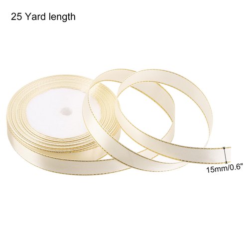 MECCANIXITY 5/8 Inch 25 Yard Wide Satin Ribbon with Gold Edges Border Grosgrain Fabric Ribbon for Gift Wrapping Wedding Bouquet, Cream White
