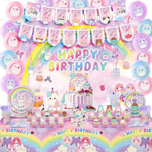 CAILESS Kawaii Squish Birthday Decorations, Cute Kitty Animal Party Decoration Include Banner, Cake Toppers, Backdrop, Balloons Tableware and Stickers for Kids Party Favors
