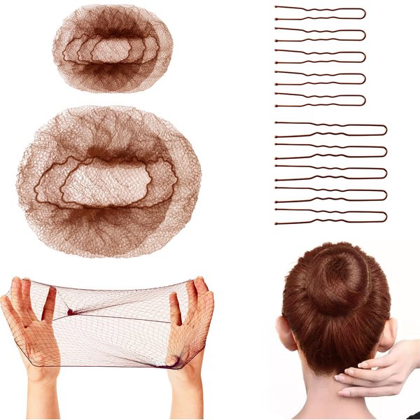Hair Nets for Ballet Buns,40Pcs Invisible Hair Nets with 100Pcs U Shaped Hair Pins for Buns Dance Ballet Bun Hair Net Set Elastic Edges Mesh Hairnets Invisible Ballet Hair Net for Women(Brown)