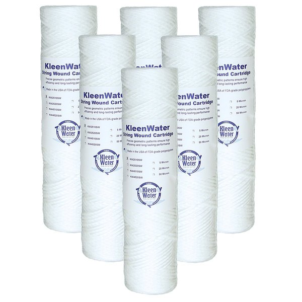 KleenWater KW2510SW Replacement String Wound Water Filters Cartridges, Dirt Rust Sediment Filtration, Made in USA, Set of 6