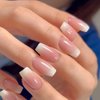ANDGING French Tip Press on Nails White Coffin Short Ombre Fake Nails with Gradient Pink Design Acrylic Gel Glue on Nails for Women False Nails with Glue Stick on Nails for Wedding Birthday 24Pcs
