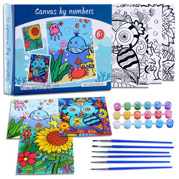 3 Pack Paint by Numbers for Kids Ages 8-12, 10*8"Color by Number for Kids Framed Canvas with 18 Acrylic Paint Pots and 6 Brushes, Kids'paint by number, Arts and Crafts Art Supplies for Kids 9-12