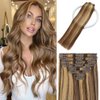 MIBOLT Clip in Human Hair Extensions Dark Brown/Blonde Clip in Hair Extensions Real Human Hair 8pcs Clip in Real Hair Extensions Double Weft Handmade 100% Remy Human Hair Extensions 18Inch #4P27