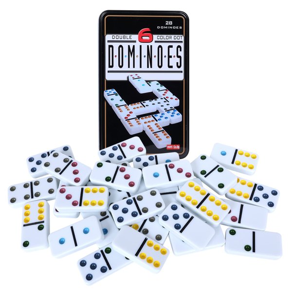 Offelec Double Six Dominoes, 28 Tile Colored Dots Domino Game Set with Tin Box, Classic Family Board Games for Kids, Adults and Families for 2-4 Players