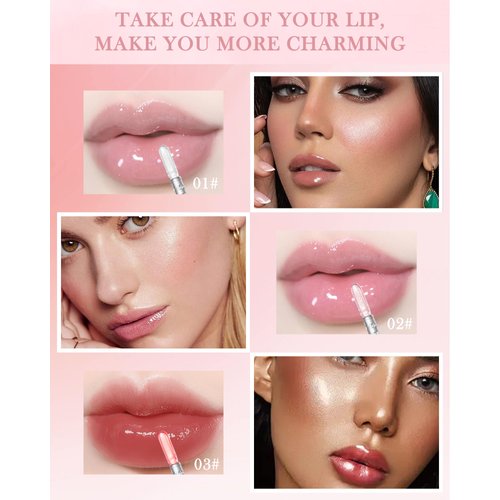 Hydrating Liquid Lip Gloss Set-3Pcs Nourishing Moisturizing Lip Plumping Oil, Long Lasting and Non Sticky Lip Balm, Clear Transparent Toot Lip Oil, Christmas Lip Care Makeup Gift for Women (01+02+03#)
