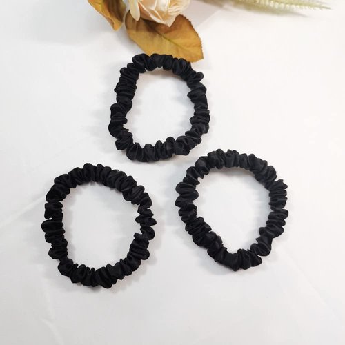 Pure Mulberry Silk Scrunchies Hair Accessories Hair Ties Elastic Satin Hair Band for Breakage Prevention (small silk black 3 pack)