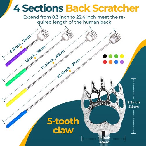 Ohuhu 8 Pack Back Scratcher: Extendable Telescopic Bear Claw Scratchers Back Itching Scalp Scratchers Portable Massager Hand Massage Tool with Rubber Handles Great for Mother Father Christmas Gifts