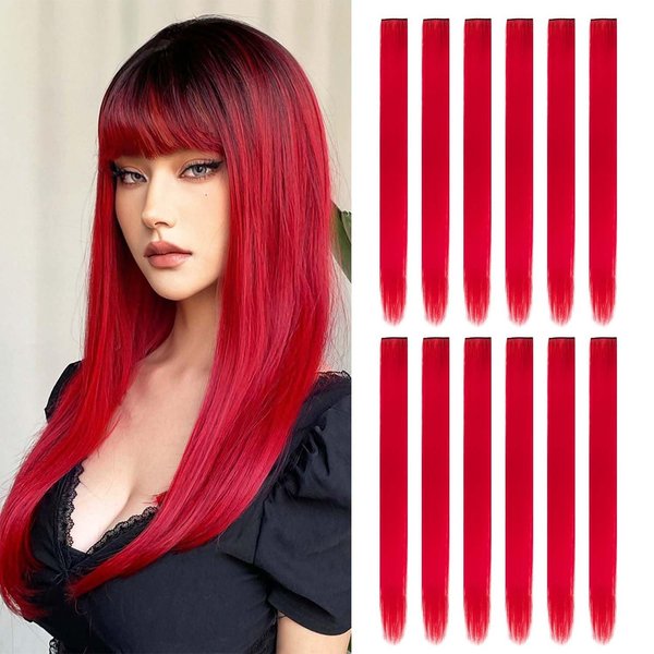 12 Pcs Colored Hair Extensions,22 inch Colored Highlights Clip in Hairpieces Rainbow Hair Extensions Colorful Party Straight Synthetic Hair Piece for Women Girls Gift (Red)