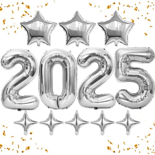 HiParty Silver 2025 Balloon Numbers, Happy New Year Balloons, Happy New Year Decorations, 40inch 2025 Balloons Silver for New Years Eve Party Supplies 2025, Happy New Year Banner, NYE Decorations