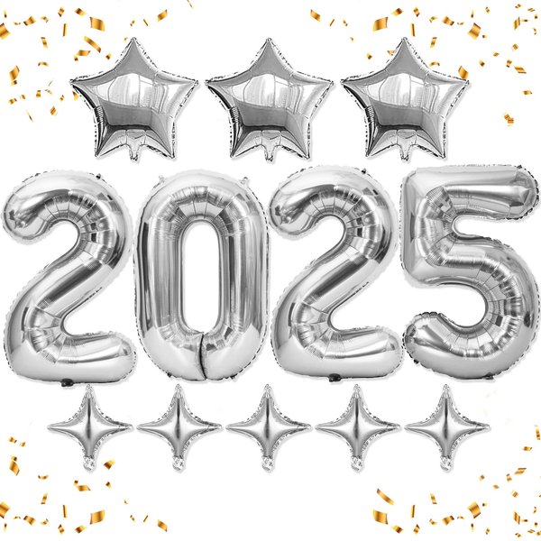 HiParty Silver 2025 Balloon Numbers, Happy New Year Balloons, Happy New Year Decorations, 40inch 2025 Balloons Silver for New Years Eve Party Supplies 2025, Happy New Year Banner, NYE Decorations