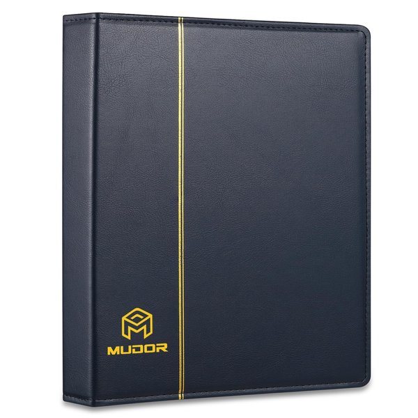 MUDOR Empty Premium PU Classic Binder, 4 Ring Binder Albums Stockbook for Stamps, Documents, Coins, Bank Notes(Blue)