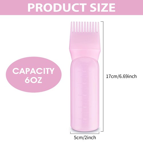 COMNICO Root Comb Applicator Bottle, 6 Ounce Plastic Squeeze Hair Dye Oil Applying Applicator Brush Cap with Graduated Scale, Portable Hair Color Dispenser (Pink)
