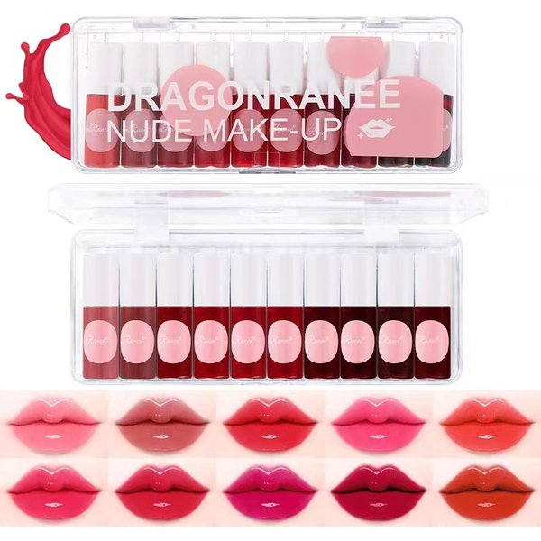 10 Colors Liquid Tint Stain, Korean Lip Gloss Moisturizing Natural Mini Liquid Lipstick, Multi-Use Lip and Cheek Tint, Lip Stain Long Lasting Waterproof, Non-Stick Cup