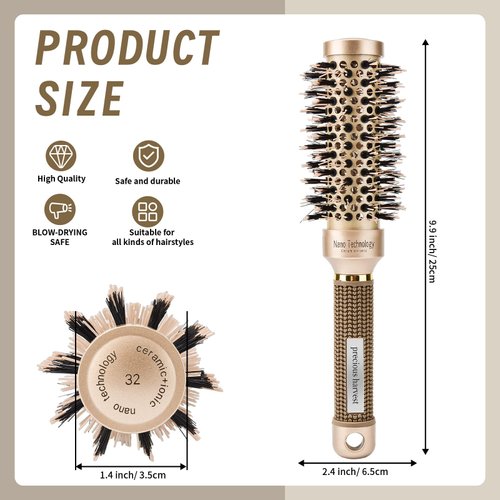 precious harvest Round hair brush Ceramic ion hair brush Professional salon and home hair blow styling Lightweight round hair brush, non-electric(32mm)