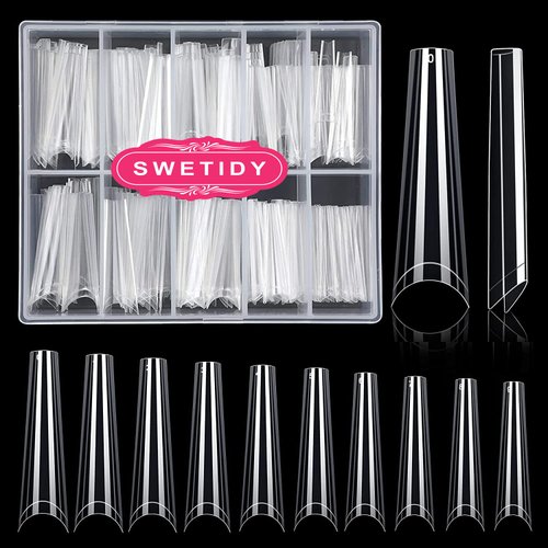 No C Curve Coffin Nail Tips, SWETIDY 200PCS Clear XXL Long Flattened False Nail Tips for Acrylic Nails Professional Half Cover with Case 10 Sizes