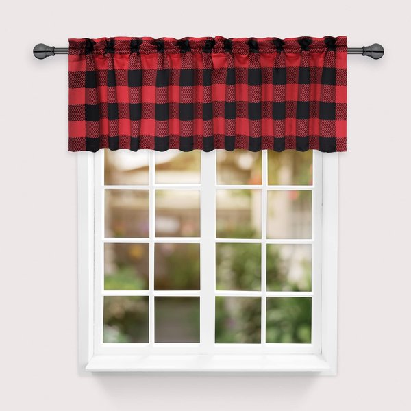 Simple Deluxe Buffalo Plaid Blackout Valances Curtains for Kitchen Windows, Living Room, Farmhouse, Bedroom, Rod Pocket Curtain Valance, 52" W x 15" L, Black and Red