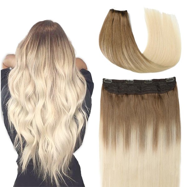 SURNEL Wire Hair Extensions Real Human Hair, 18inch 80g Ash Brown to Platinum Blonde, Invisible Wire Hair Extensions with Transparent, Seamless Fish Line Hairpiece(18,8T60)