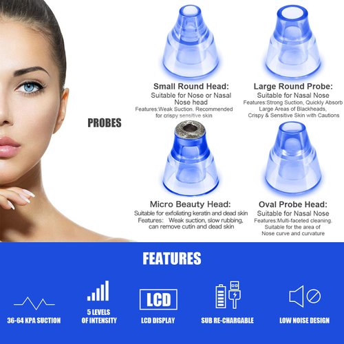Blackhead Remover Pore Vacuum, Face Suction Pore Cleaner, 5 Suction Power Electric Blackhead Suction Remover, Extractor Tool, 4 Probes for Women & Men (Blue）