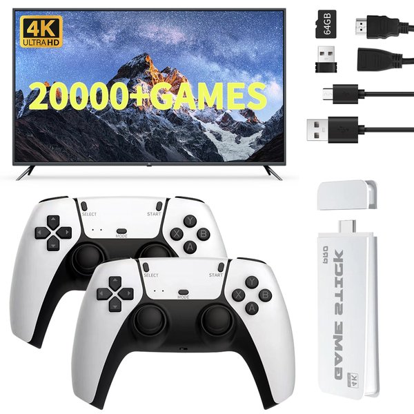 Vergissm Wireless Retro Game Console, 20000+ Classic Games Retro Game Stick, Plug & Play Video Game Console for TV, Dual 2.4G Wireless Controllers, 4K High Definition HDMI Output, Built-in 64G