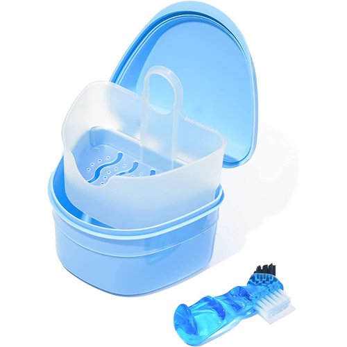 Y-Kelin Denture Retainer Cleaner Kit, Denture Cleaning Case with Denture Brush (Blue)