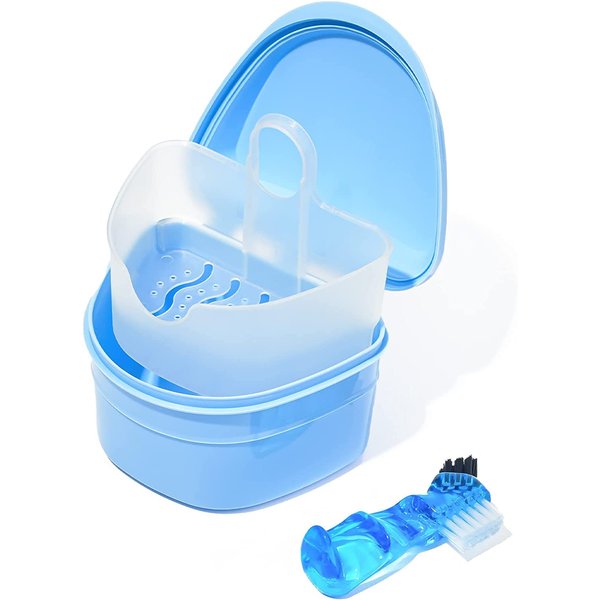 Y-Kelin Denture Retainer Cleaner Kit, Denture Cleaning Case with Denture Brush (Blue)