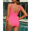 Limeeke Women One Piece Swimsuit Solid Ribbed Monokini Swimwear Scoop Neck Low Back Bathing Suit Hot Pink M