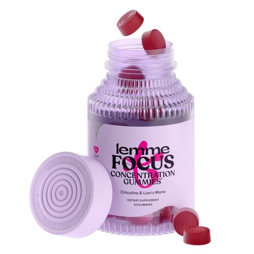 Lemme Focus Concentration & Brain Health Gummies with Cognizin Citicoline, Lion's Mane Mushroom, Vitamin B12 - Vegan, Gluten Free, Caffeine Free, Strawberry (50 Count)