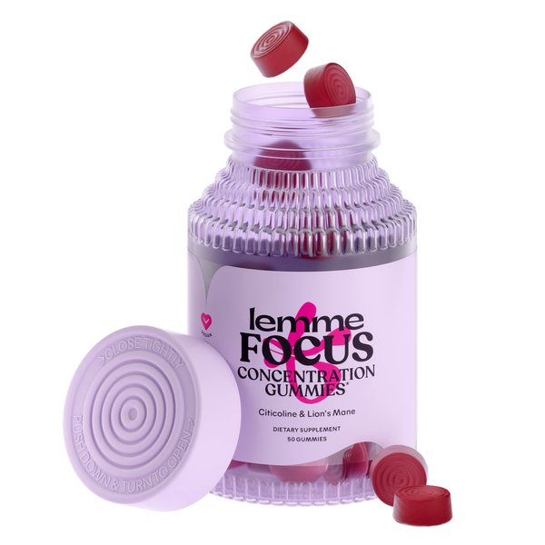 Lemme Focus Concentration & Brain Health Gummies with Cognizin Citicoline, Lion's Mane Mushroom, Vitamin B12 - Vegan, Gluten Free, Caffeine Free, Strawberry (50 Count)