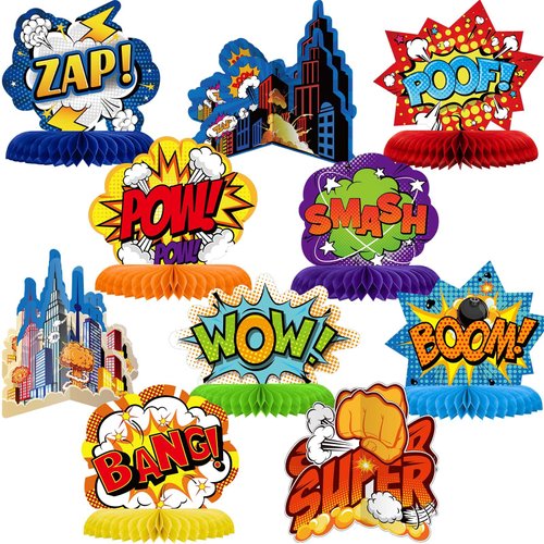 10 Pieces Hero Themed Party Decorations Honeycomb Centerpieces Action Sign Table Topper Sign Standing Cards for Birthday Party Baby Shower Decor Supplies