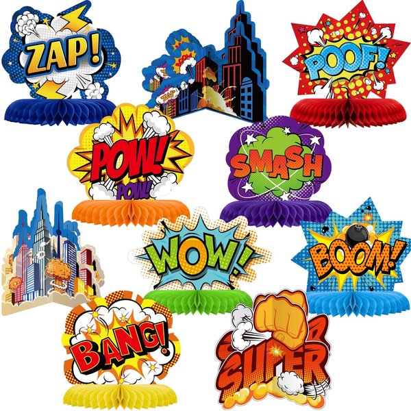 10 Pieces Hero Themed Party Decorations Honeycomb Centerpieces Action Sign Table Topper Sign Standing Cards for Birthday Party Baby Shower Decor Supplies
