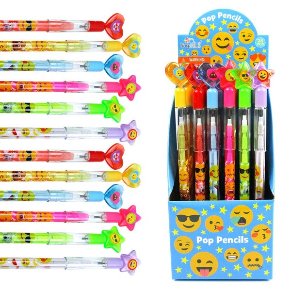 Tiny Mills 24 Pcs Emoji Multi Point Stackable Push Pencil Assortment with Eraser for Emoji Birthday Party Favor Prize Carnival Goodie Bag Stuffers Classroom Rewards Pinata Fillers