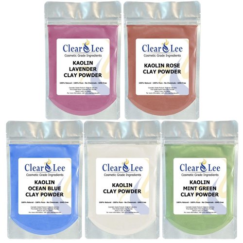 ClearLee Kaolin Clay Cosmetic Grade Powder Sample 5 Pack (White, Rose, Ocean Blue, Mint Green, Lavender) - 100% Pure Natural Powder - Great For Skin Detox, Rejuvenation - DIY Clay Face Mask